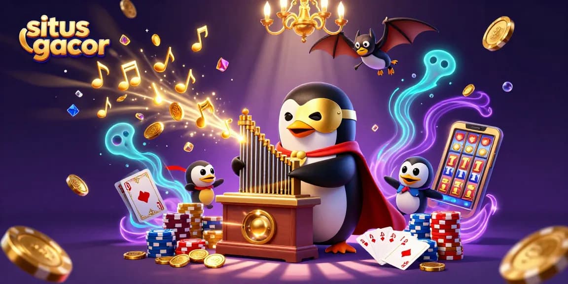 Experience the thrill of situs gacor with a whimsical penguin playing organ amidst a flurry of gaming elements.
