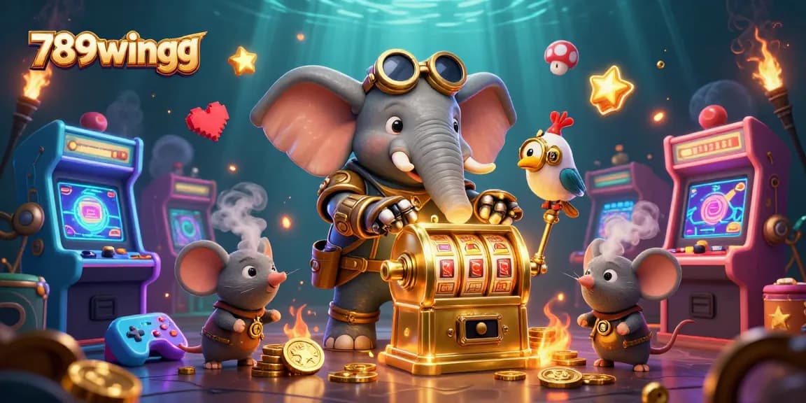 Experience the excitement of 789wingg with a steampunk elephant and colorful slot machines.