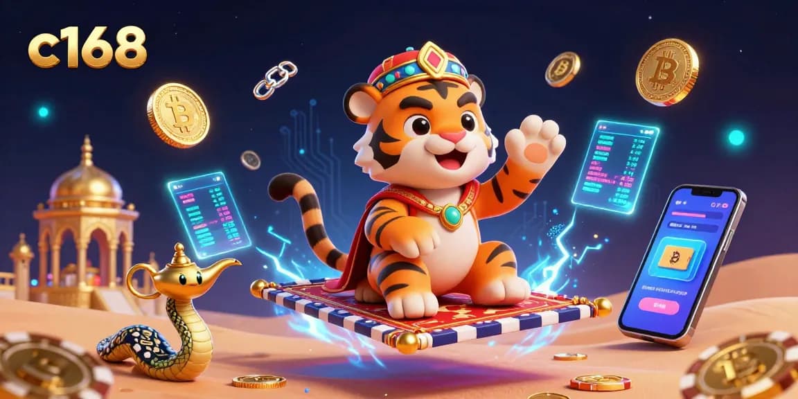 Spin the reels with c168's vibrant Arabian Nights casino illustration packed with crypto elements.