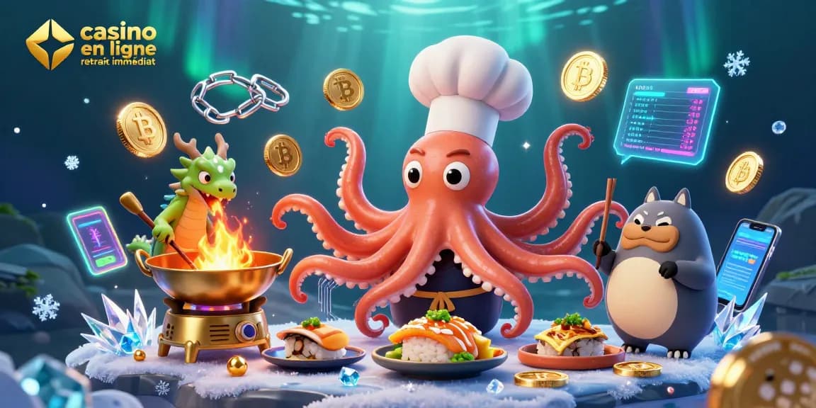 Casino en ligne retrait immédiat : un tableau dynamique avec un chef sushi et des symboles de jeu.