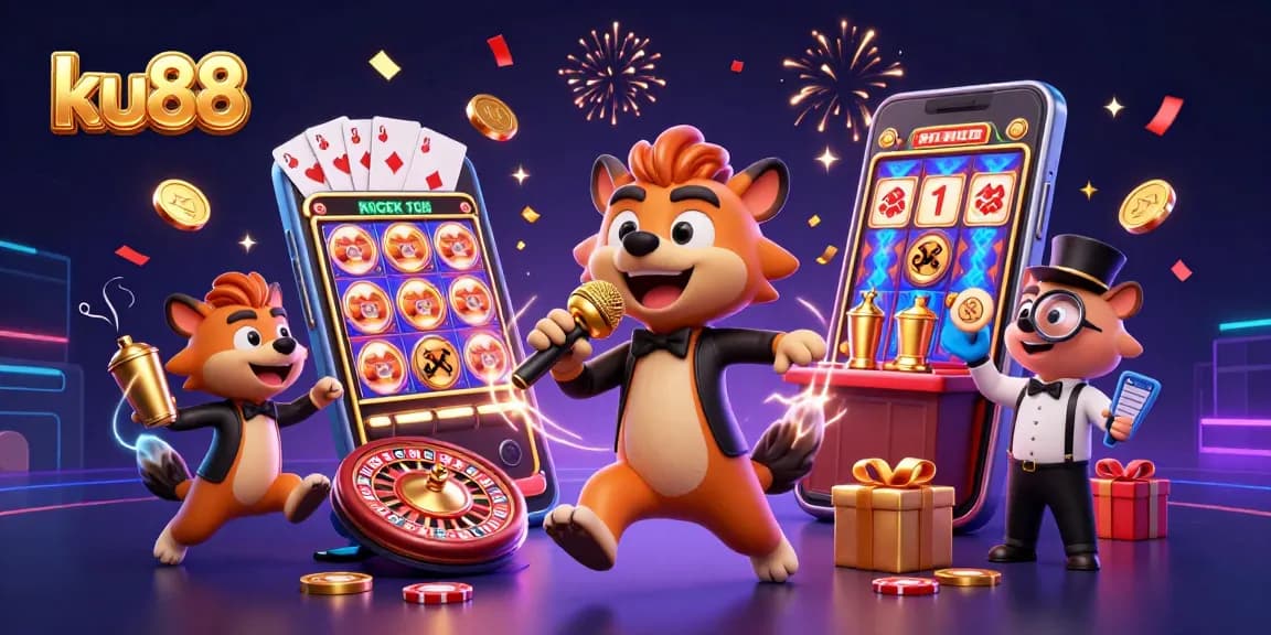 Engage with ku88's lively casino experience featuring animated hyenas and vibrant games.