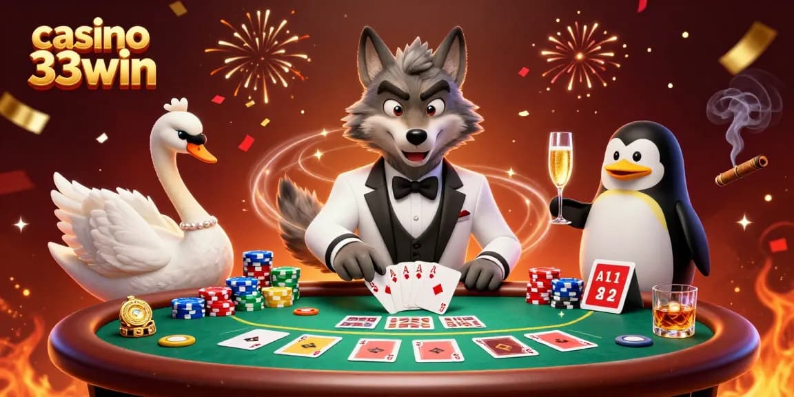 Experience the thrilling gameplay at casino 33win with a debonair wolf and elegant characters at a baccarat table.