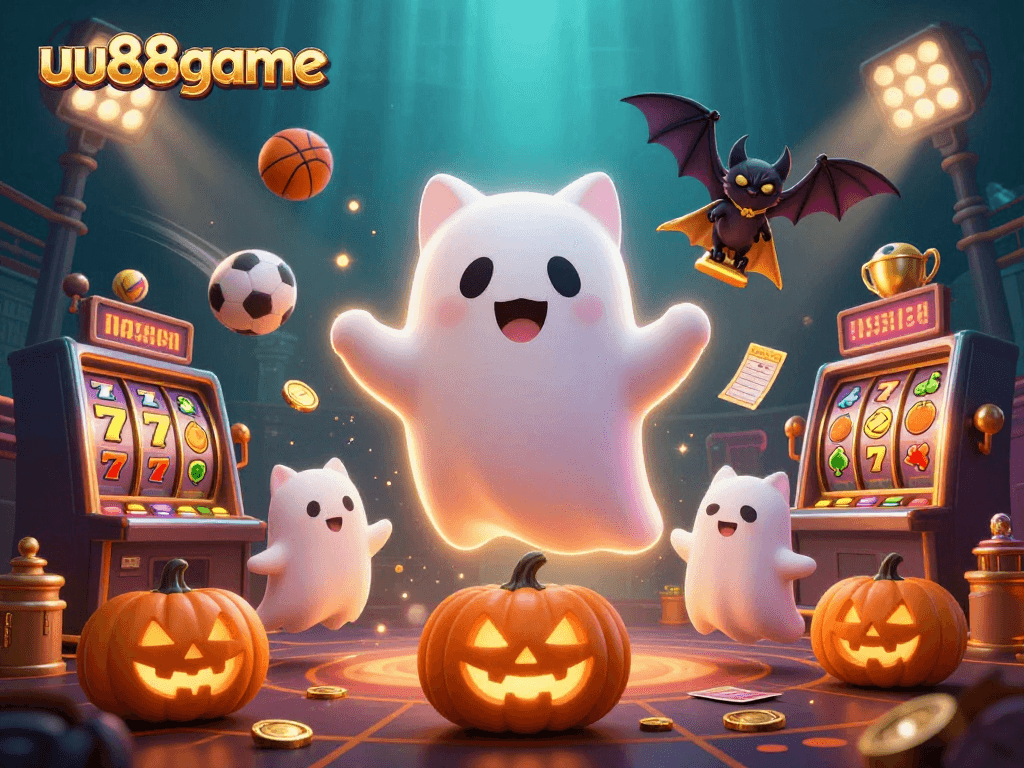 uu88game showcases thrilling slot action with a playful ghost cat and vibrant symbols in a haunted mansion.