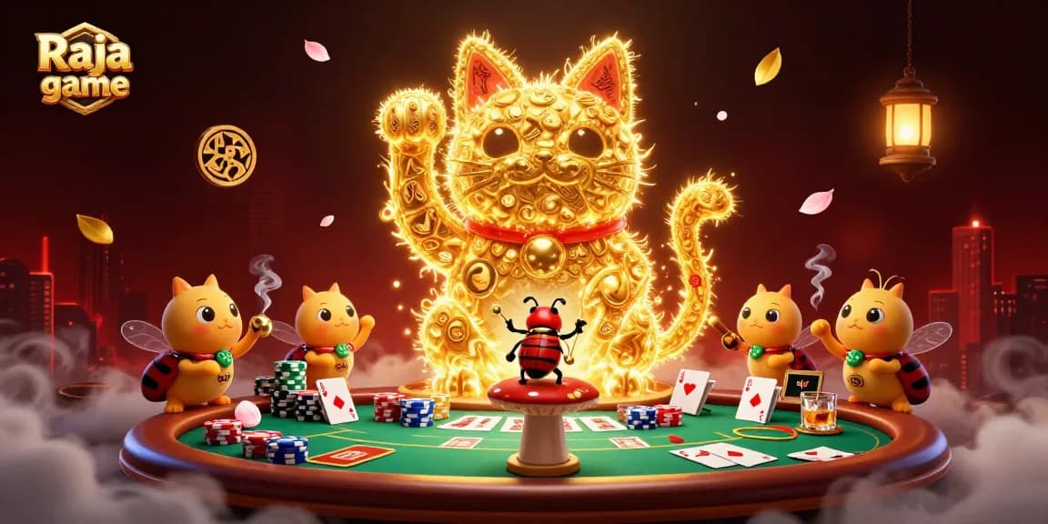 Experience the thrill of Raja game with colorful casino symbols and a lucky cat in action.