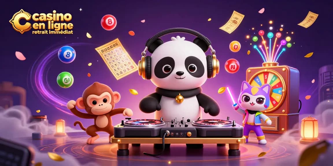 Profitez d'une expérience immersive de casino en ligne retrait immédiat avec des personnages animés dans une atmosphère festive.