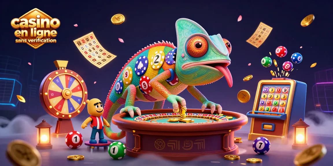 Jouez au casino en ligne sans vérification avec un caméléon coloré entouré de jeux de loterie dynamiques.