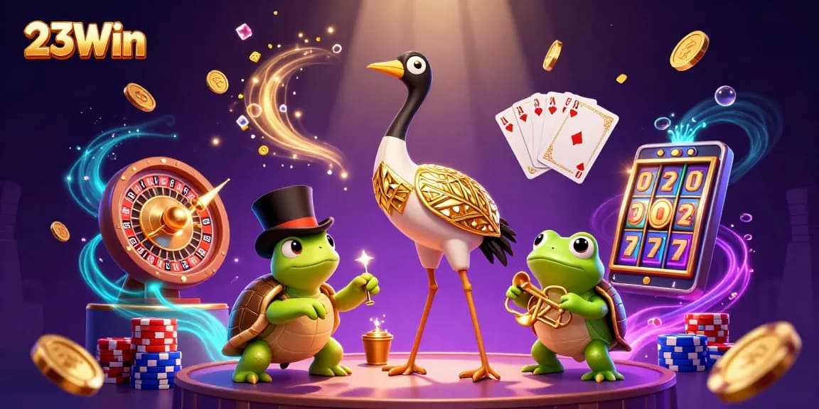 Experience the excitement of 23Win with vibrant characters and dynamic gaming elements in this dazzling casino scene.