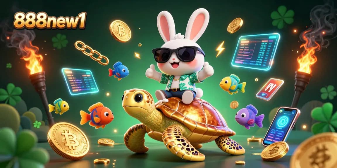 Engage with 888new1 in a vibrant casino-themed illustration with a lucky rabbit and golden turtle.