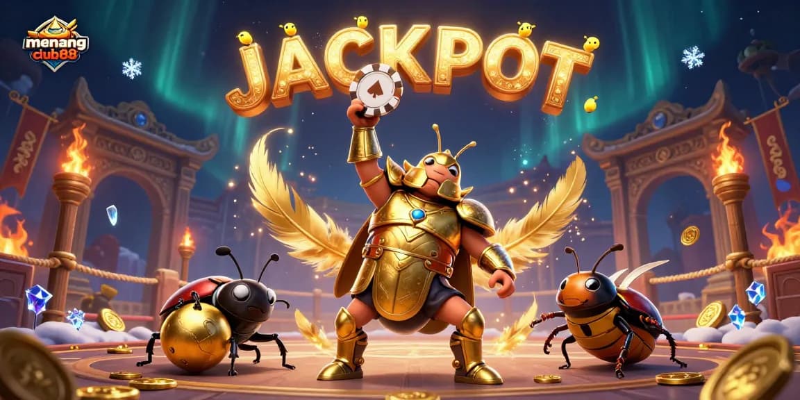 Experience jackpots in style with menangclub88, where a gladiator beetle celebrates winning amidst dazzling casino elements.