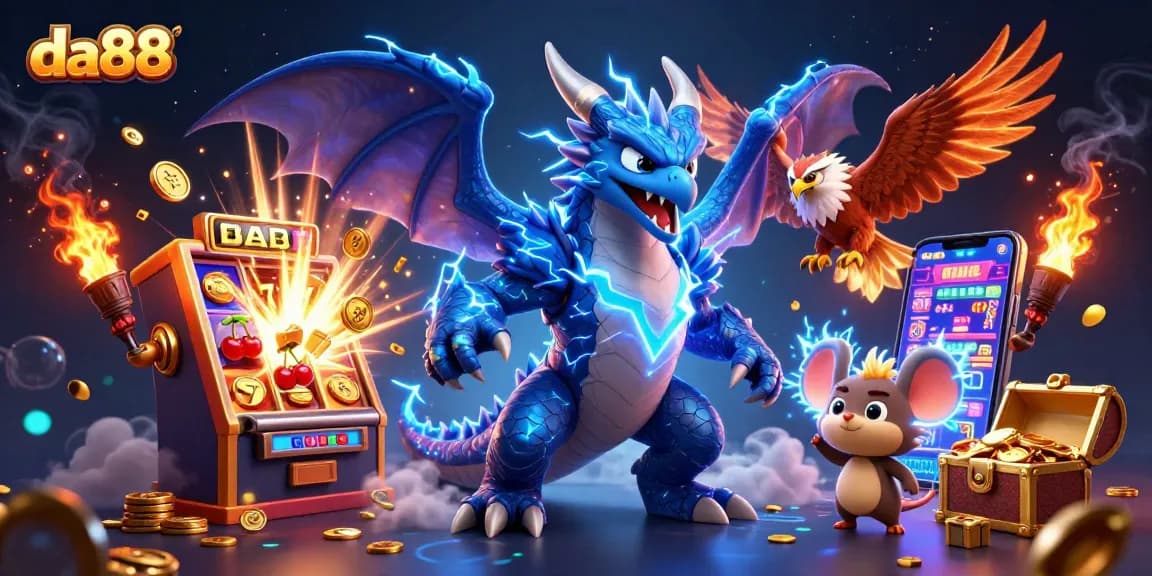 Engage with thrilling slots action at da88, featuring a dynamic scene with a thunder dragon and jackpots.