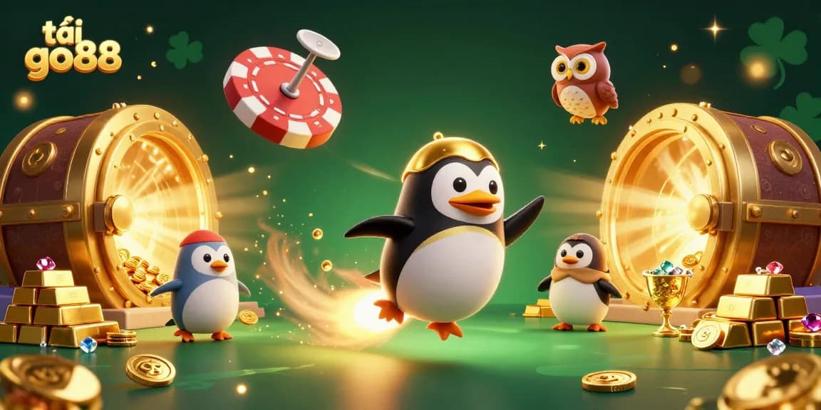 Experience exciting gaming with tải go88 while a golden penguin blasts through space toward casino treasures.