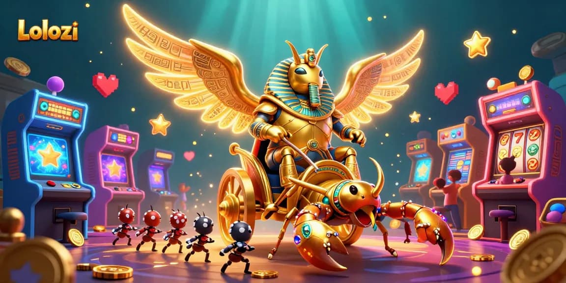 Lolozi engages players with exciting slot reels and a vibrant casino atmosphere in this dynamic 3D illustration.