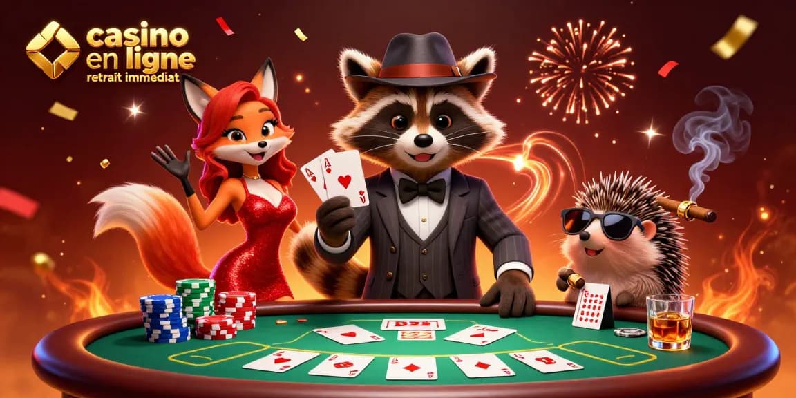 Profitez de casino en ligne retrait immédiat avec un raton laveur et une renarde dans une scène de poker animée.
