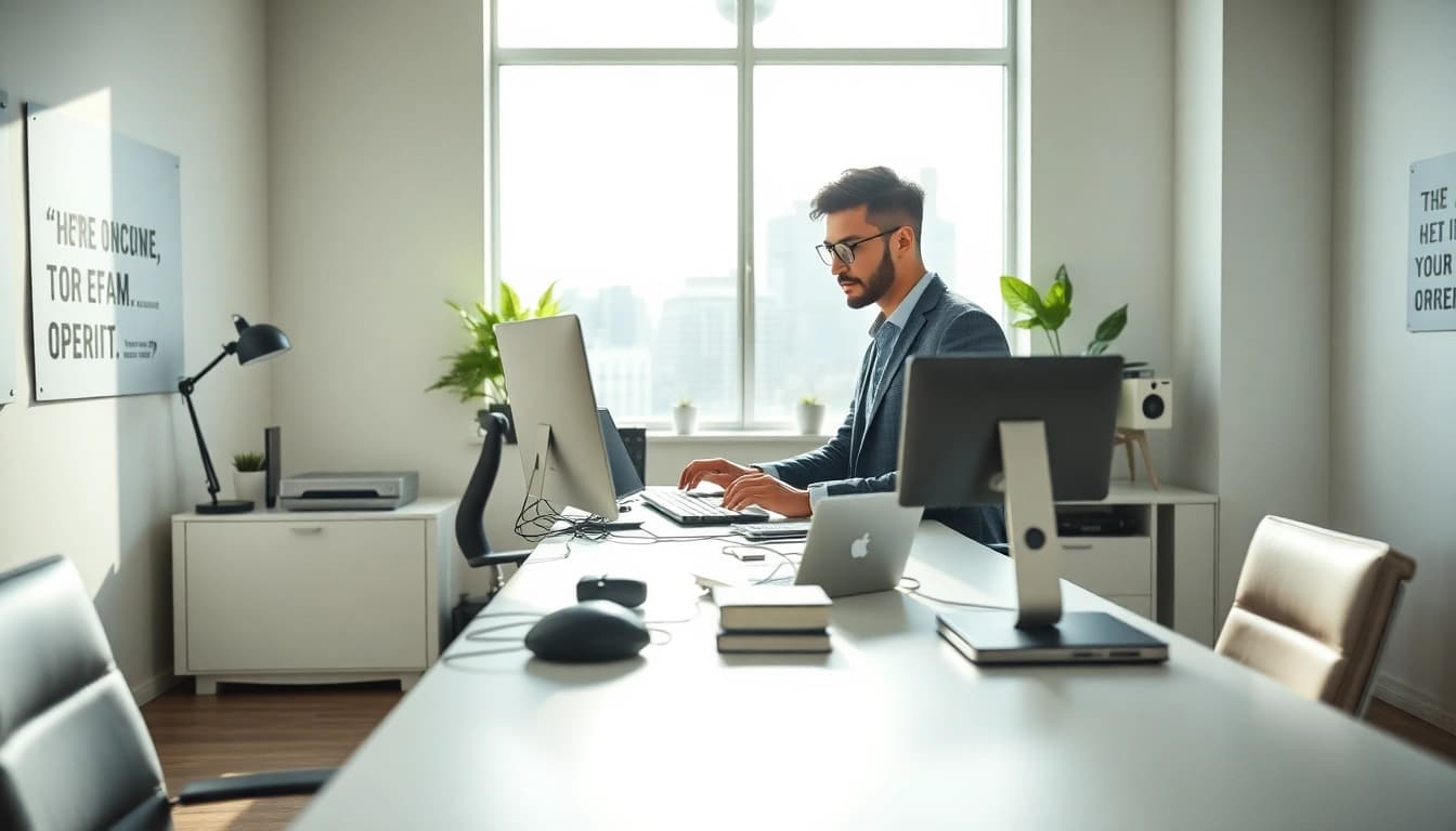 Showcase of a focused entrepreneur at themonitordaily.com workspace with modern technology and inspiring environment.