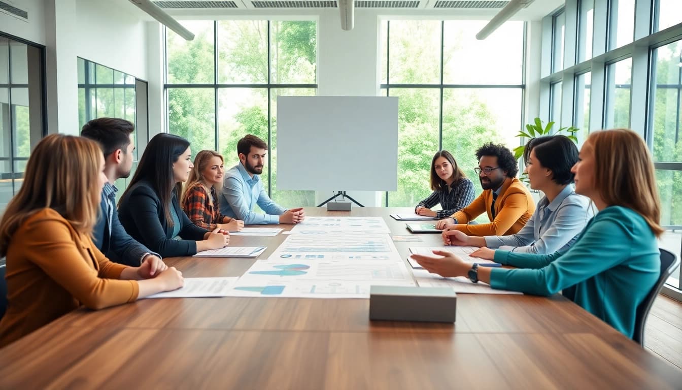 Discussion on climate change levy exemption among diverse professionals in a bright office.
