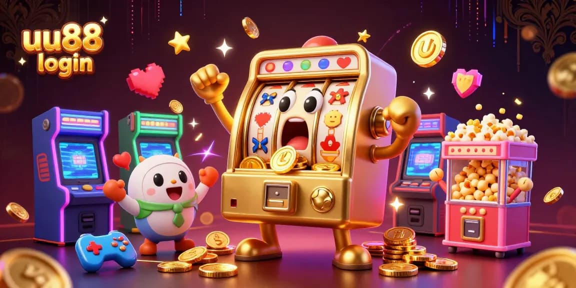 Experience thrilling gaming with uu88 login, as a golden slot machine celebrates a jackpot with excited baby machines.
