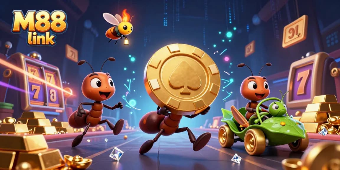 Experience thrilling heists with M88 link and dynamic casino elements in this vibrant 3D illustration.