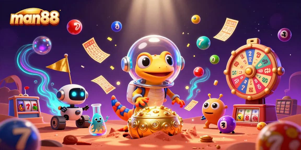 Experience thrilling gaming with man88 as a Martian gecko discovers a golden casino in a vibrant 3D scene.