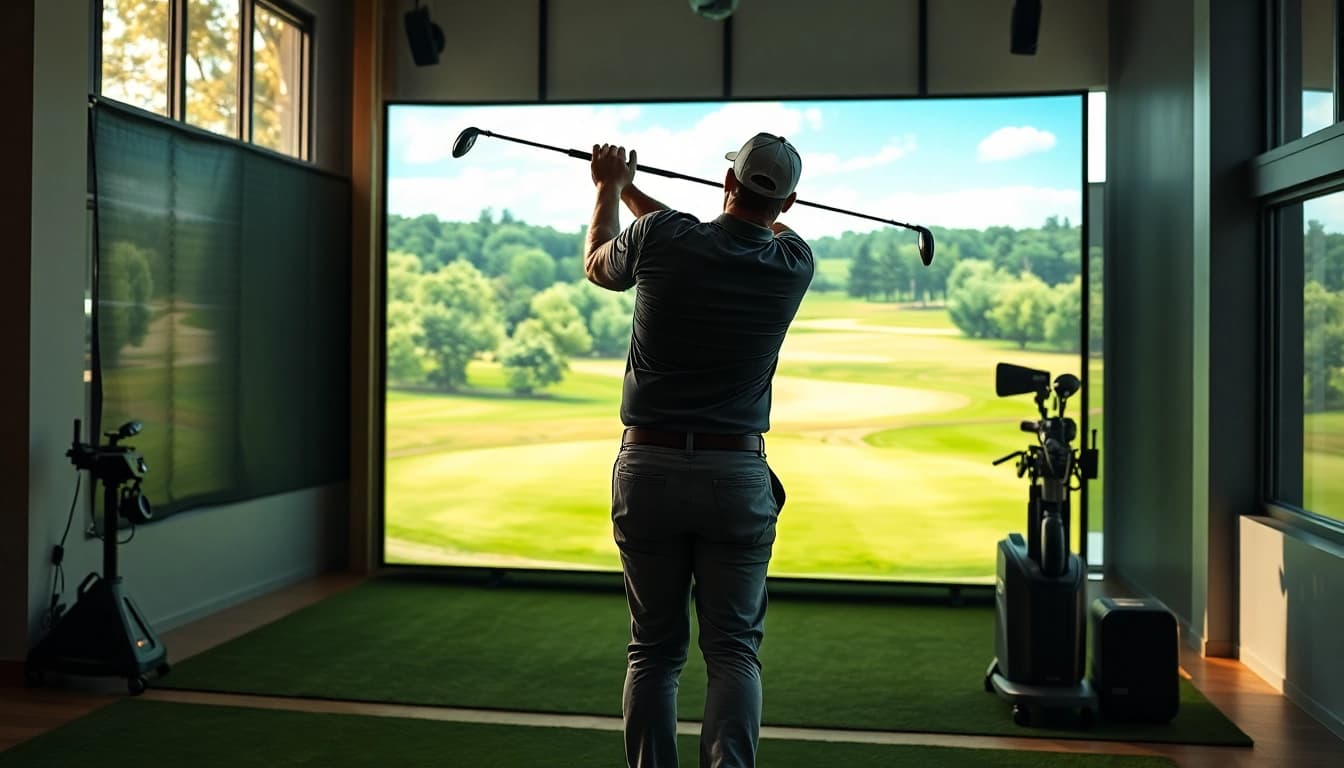 Experience a captivating golfer using a simulator for an impressive indoor golfing session.