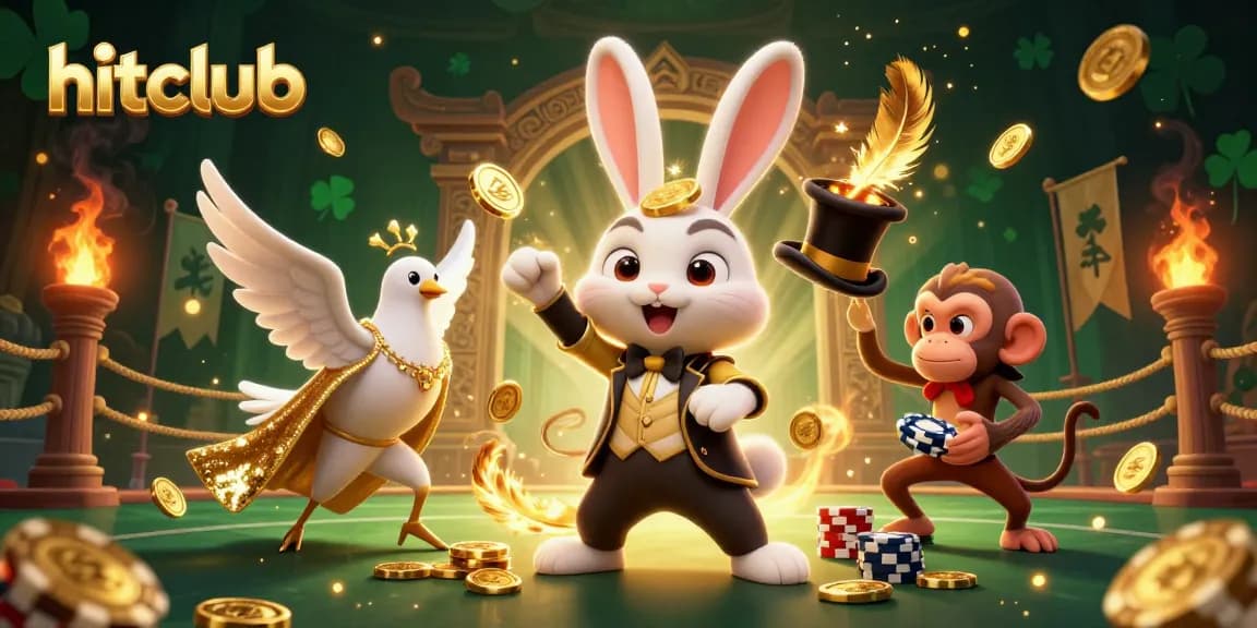 hitclub magical scene with a rabbit, dove, and monkey surrounded by casino elements