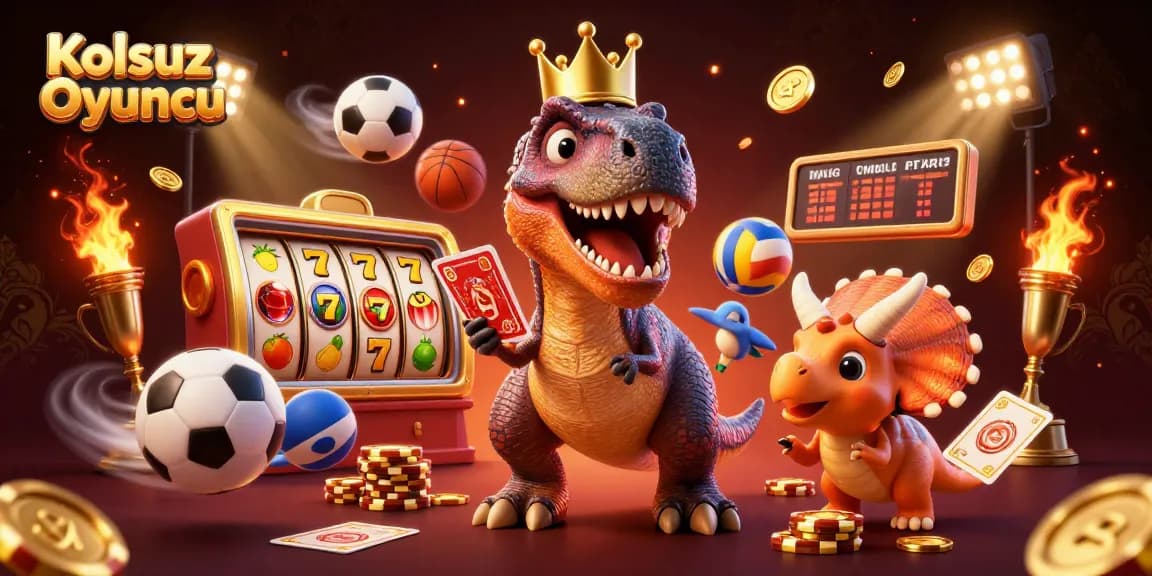 Kolsuz Oyuncu showcases a casino scene with a T-Rex, pterodactyl, and triceratops amidst slot machines and gold coins.