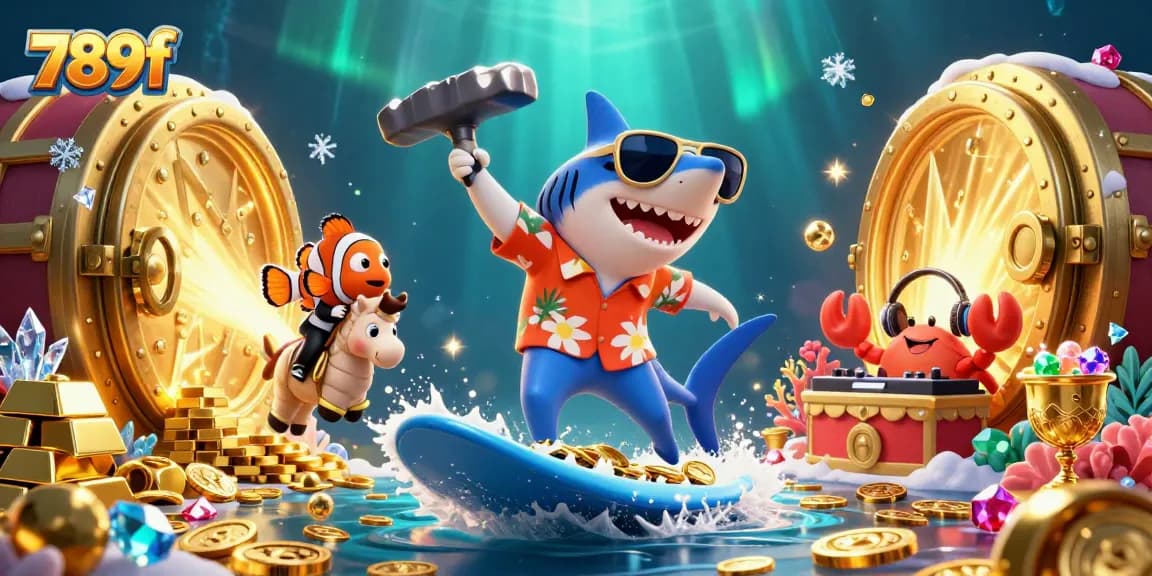 Join the excitement at 789f with cartoon characters celebrating casino winnings amidst dazzling treasures.