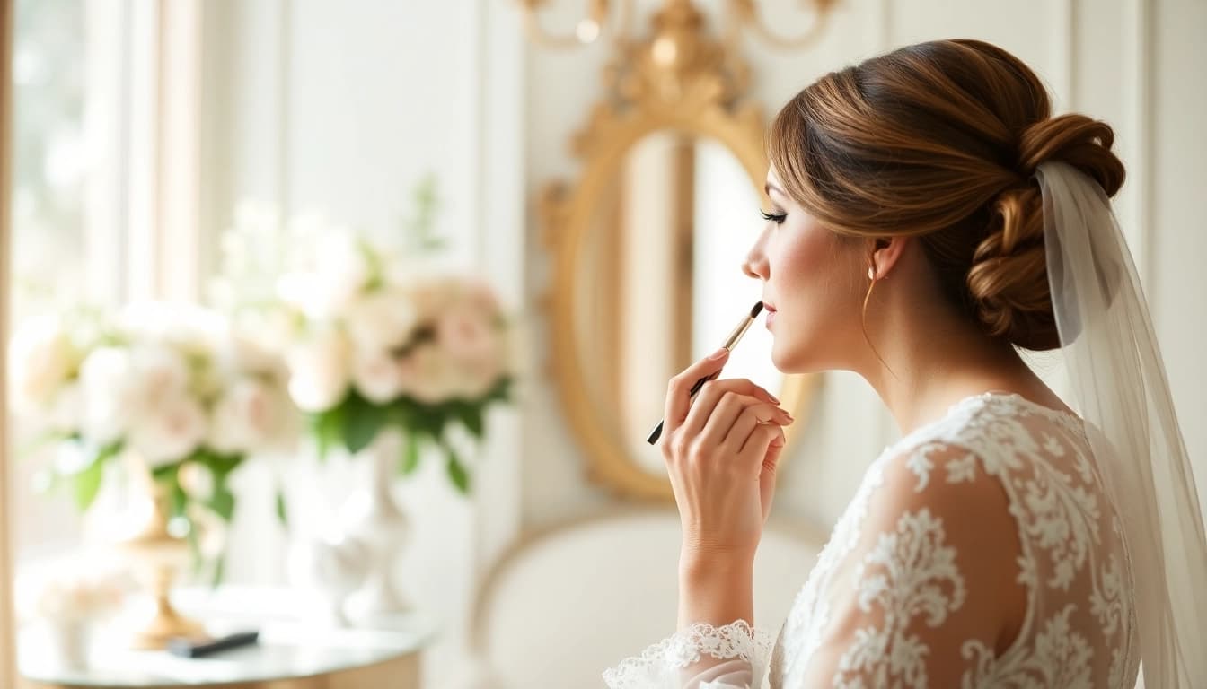 Dallas bridal makeup artist enhancing a bride's beauty in a serene setting.