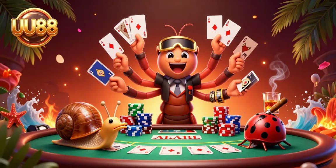 Experience the excitement of UU88 with vibrant casino characters and dynamic poker elements.