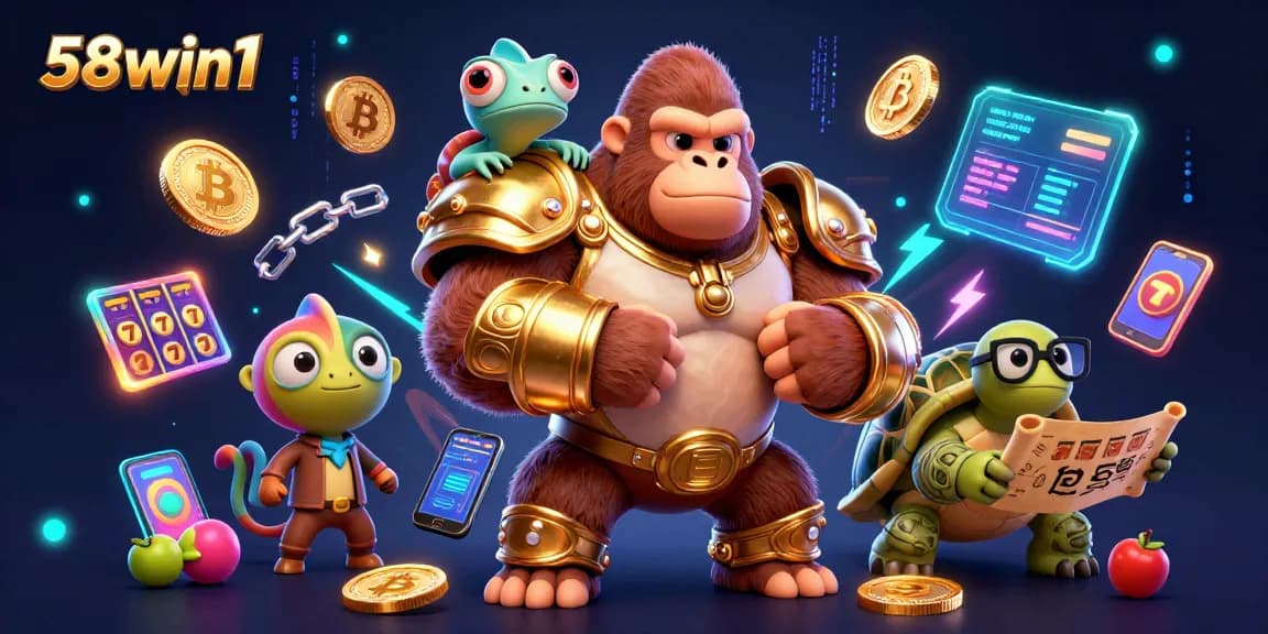 Experience thrilling gameplay at 58win1 with a vibrant 3D casino scene featuring animated characters and crypto elements.