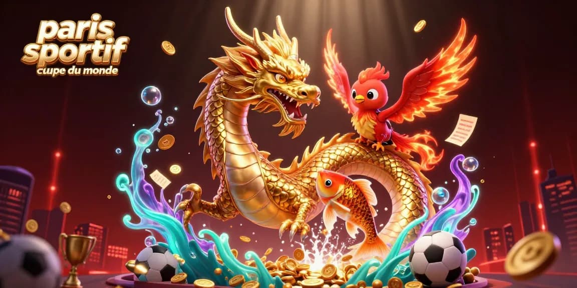 Pariez sur la coupe du monde avec cette illustration impressionnante de dragons et trophées, célébrant le paris sportif coupe du monde.