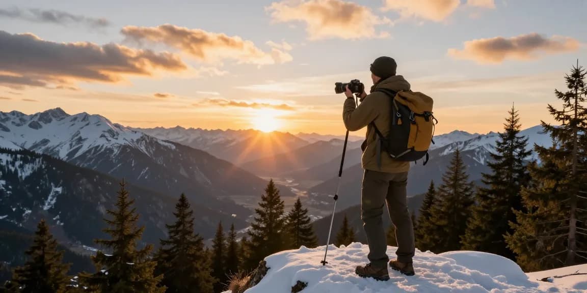Exciting adventure at thatmountainlife.com with a traveler on a mountain peak during sunset, showcasing stunning landscapes.