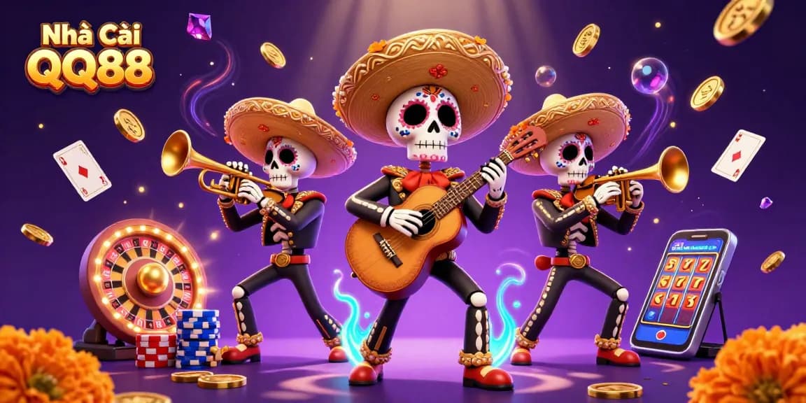 Spin and win with Nhà Cái QQ88, featuring vibrant mariachis, coins, and jackpot elements