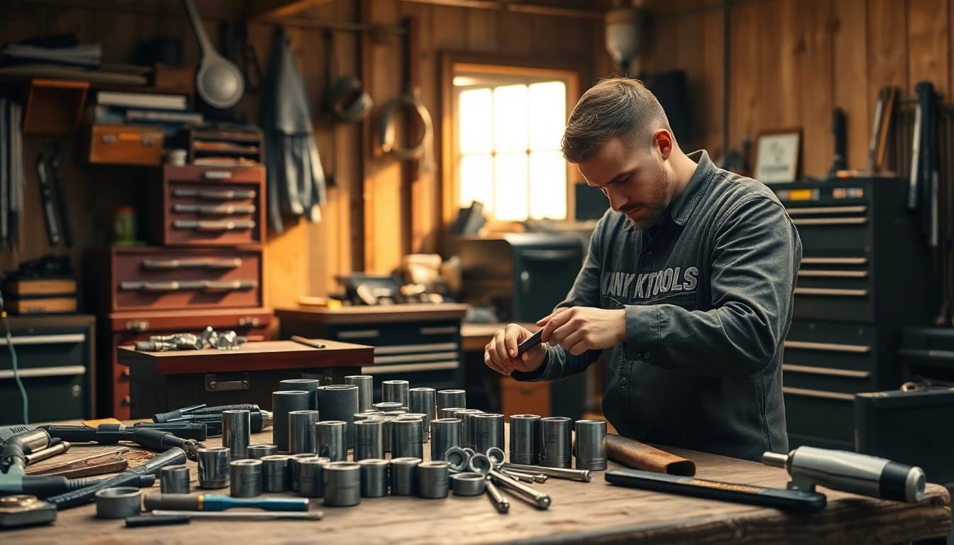 Utilizzo di ks tools in un'officina con attrezzi organizzati e un meccanico al lavoro.