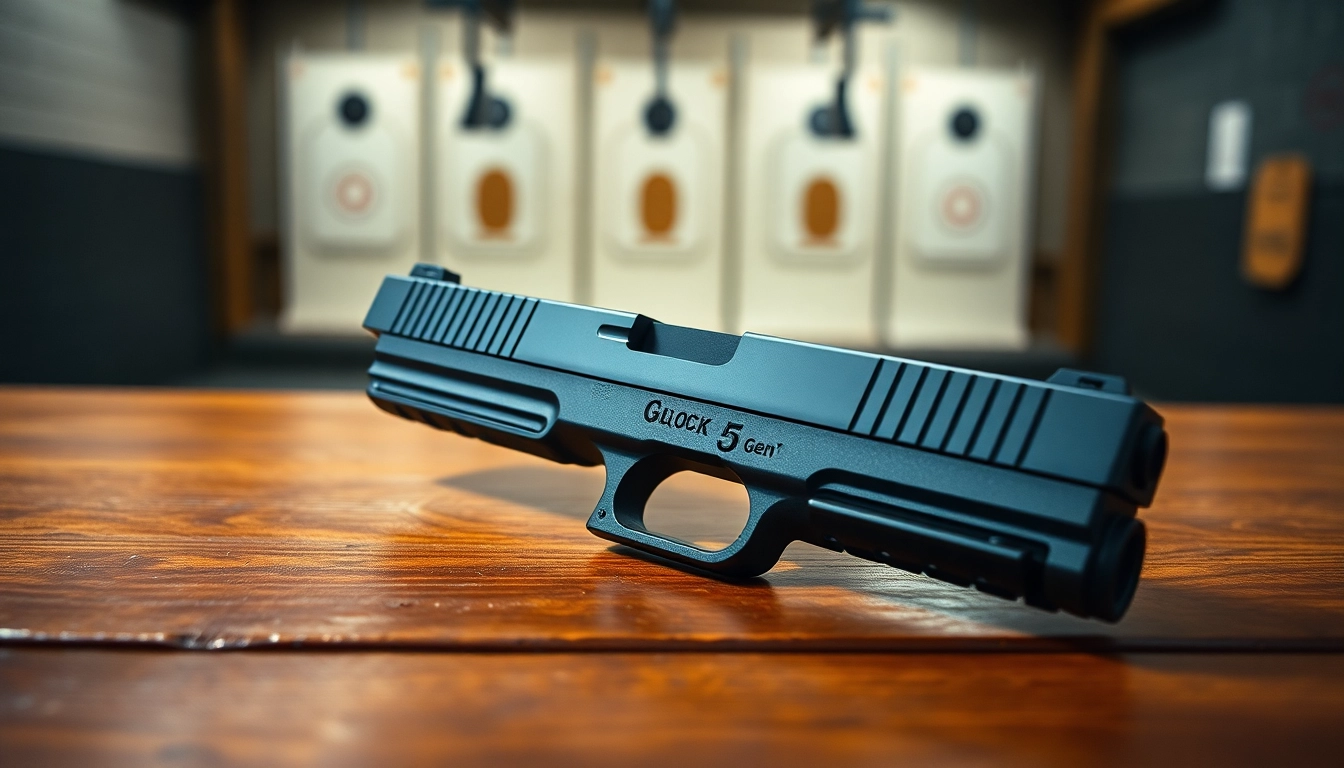 Showcasing Glock 17 Gen 5 slide highlighting its design and quality features on a table.