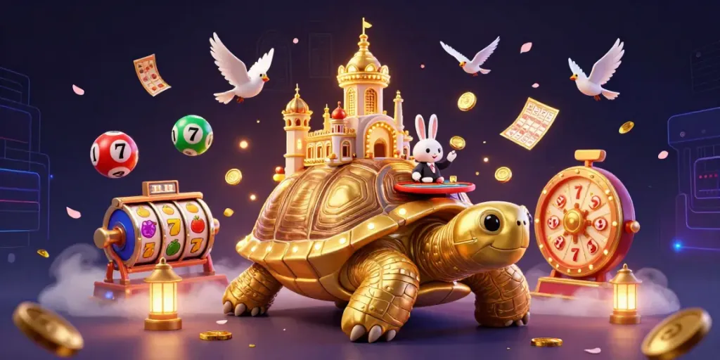 Ilustrasi situs 222slot mempesona dengan kura-kura emas dan dealer kelinci di kasino mini, dikelilingi bola lotere berwarna-warni.