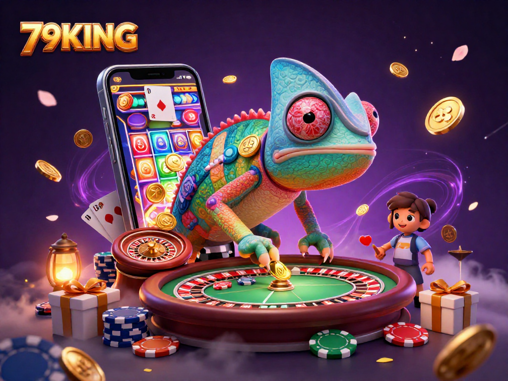 Engage with 79KING’s colorful casino universe featuring a chameleon owner, slot games, and vibrant elements.