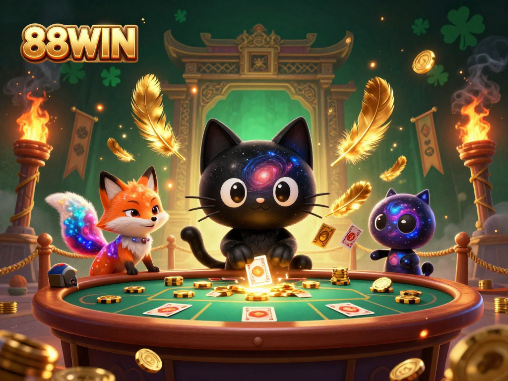88WIN captivates players at a cosmic casino table, surrounded by golden rewards and dynamic atmosphere.