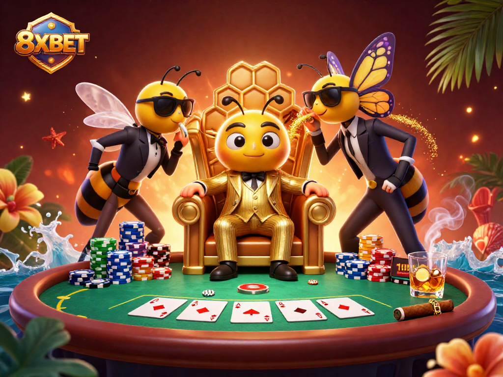 Engage with 8XBET in a dynamic casino setting featuring vibrant poker characters and elements.