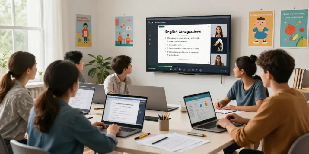Toto online language learning environment with diverse students engaged in virtual classes.
