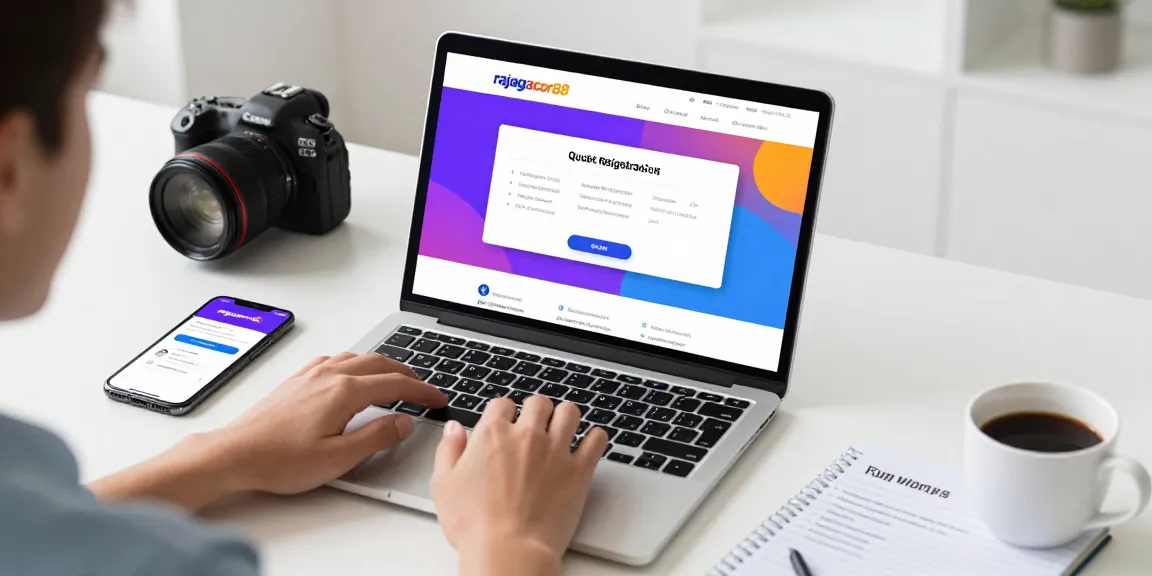 Engaging user accessing rajagacor88 platform on a laptop in a bright workspace.