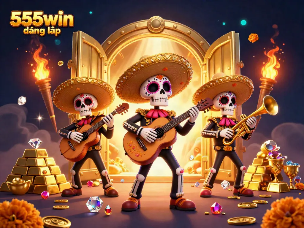 Experience the thrill of 555win đăng nhập with a festive skeleton mariachi band celebrating in a treasure-filled casino.