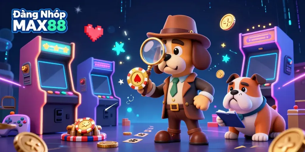 Engage with Đăng Nhập MAX88 in a dynamic 3D casino scene filled with exciting gaming elements.