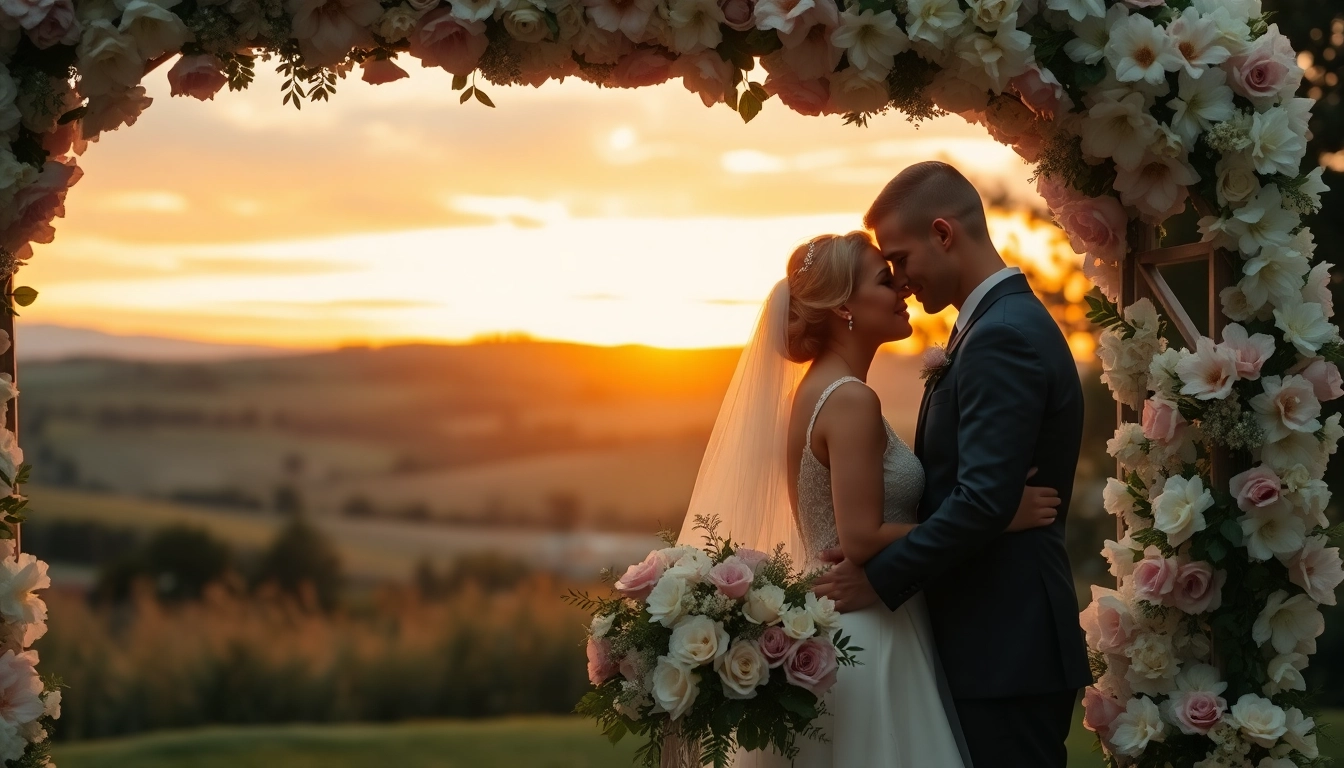 Wedding photographer Tillsonburg capturing a romantic couple under a floral arch at sunset.
