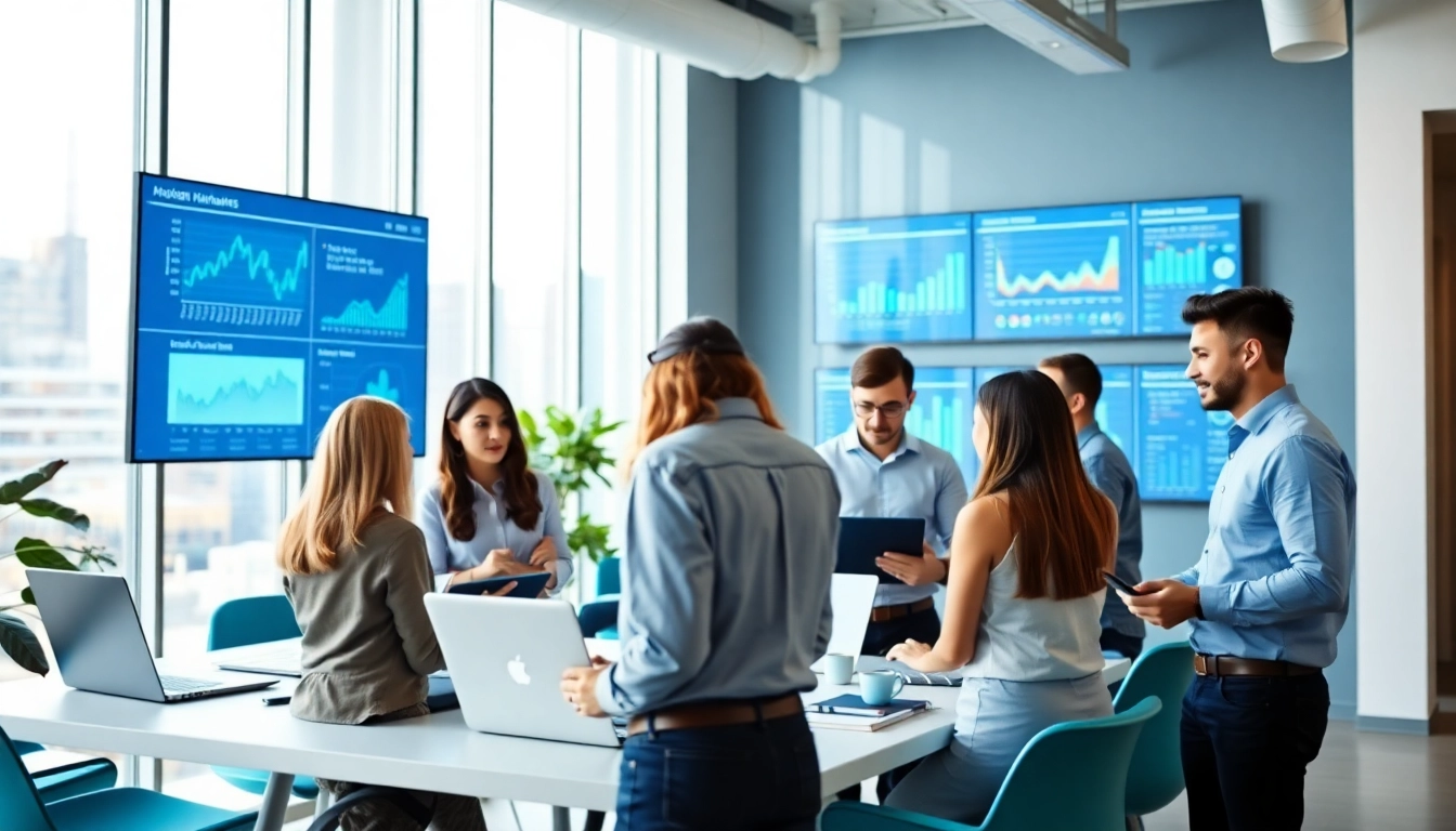 Marketing professionals collaborating in a digital marketing agency Australia with technology and analytics.