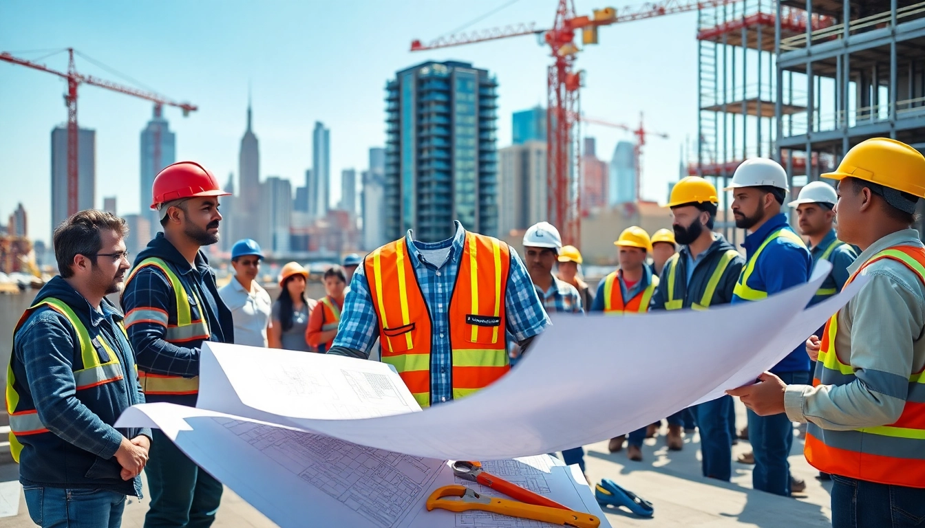Efficient New York General Contractor directing a diverse team on a bustling construction site.