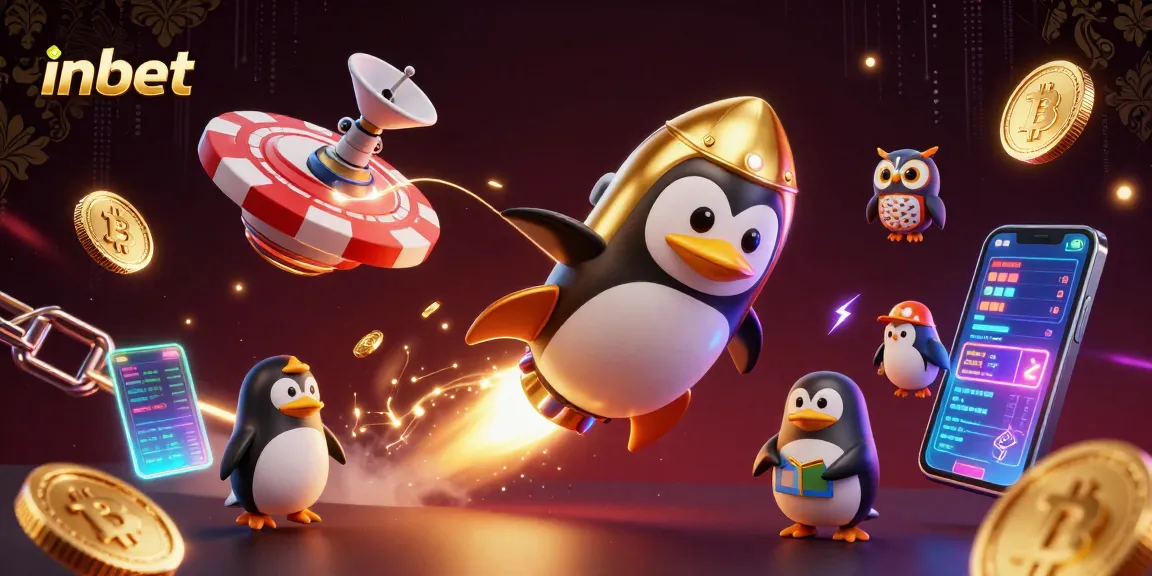 Join the adventure with inbet as a golden penguin blasts off to a vibrant gambling universe