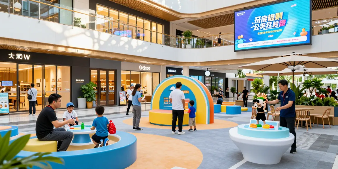 Modern entertainment space at www.mgoldproperties.com with families enjoying activities and vibrant storefronts.