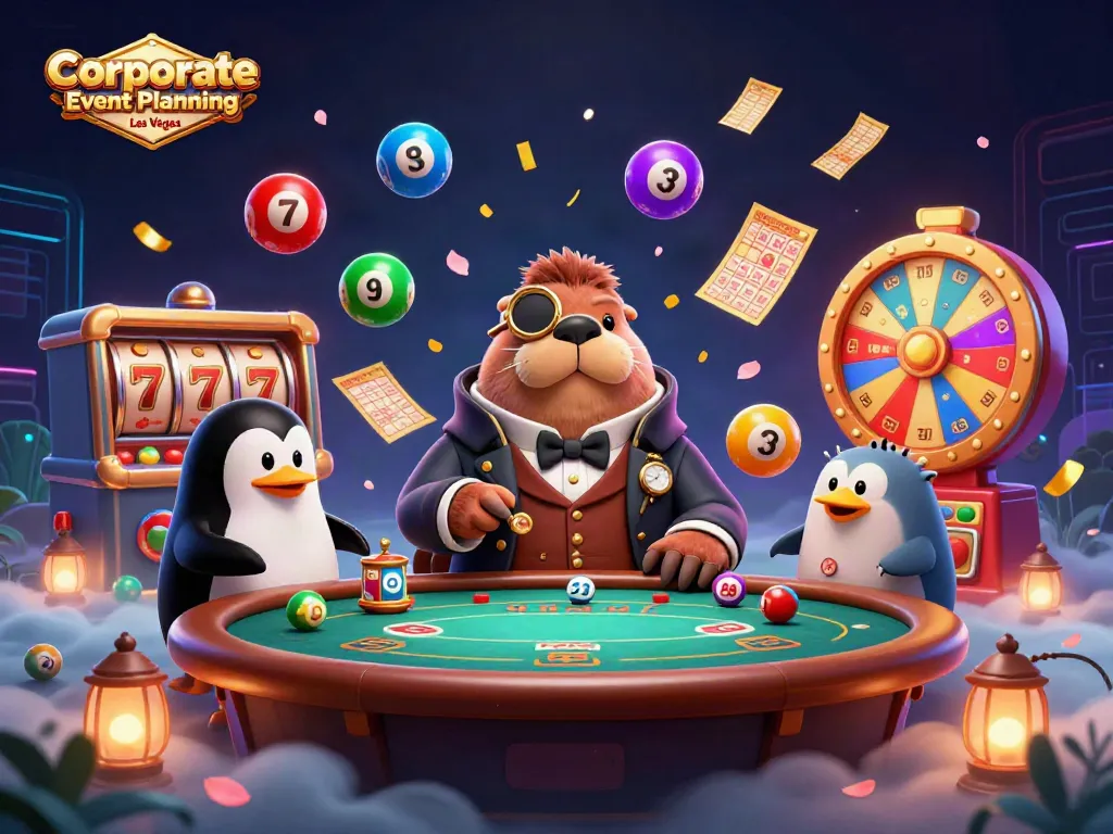 Engage in thrilling Corporate Event Planning Las Vegas with a jolly walrus, poker action, and vibrant gambling elements.