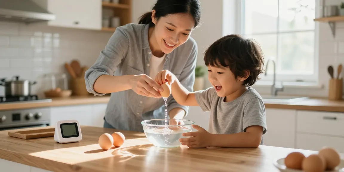 Menampilkan https://www.eggfloattest.com/contact panduan untuk menguji kesegaran telur dengan metode Egg Float Test bersama anak di dapur