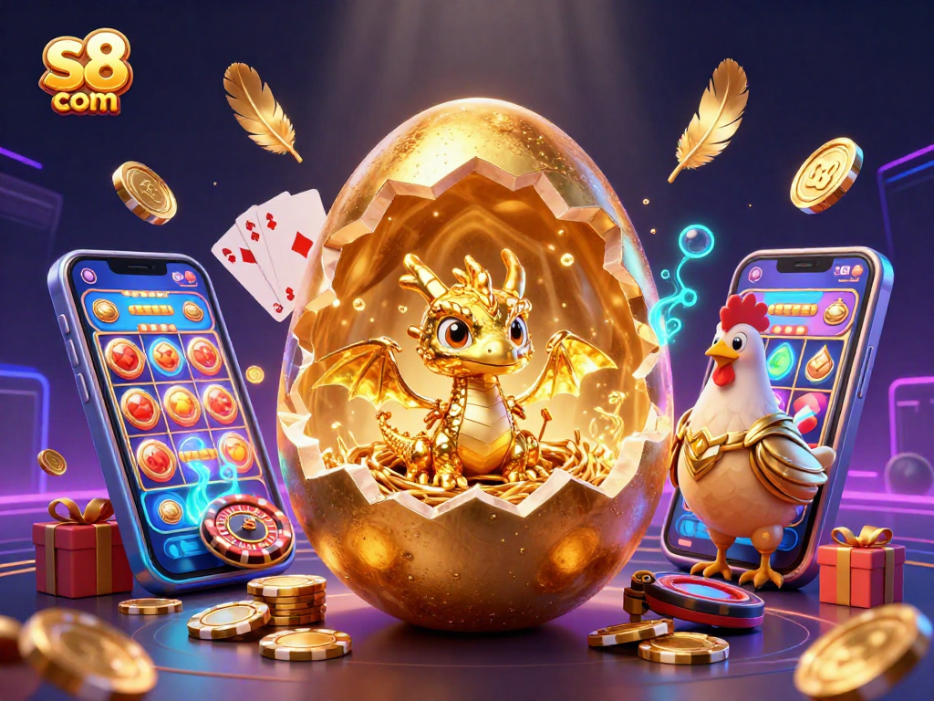 Win big at s8 com with a dazzling illustration featuring a golden dragon and casino gaming elements.